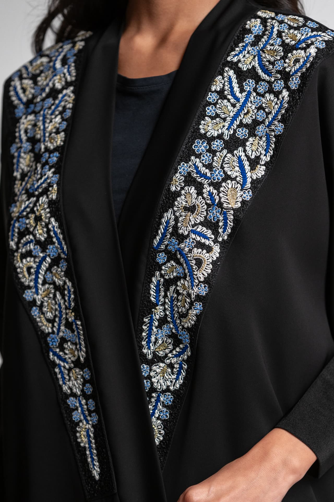 Blue floral embroidered lapel detail