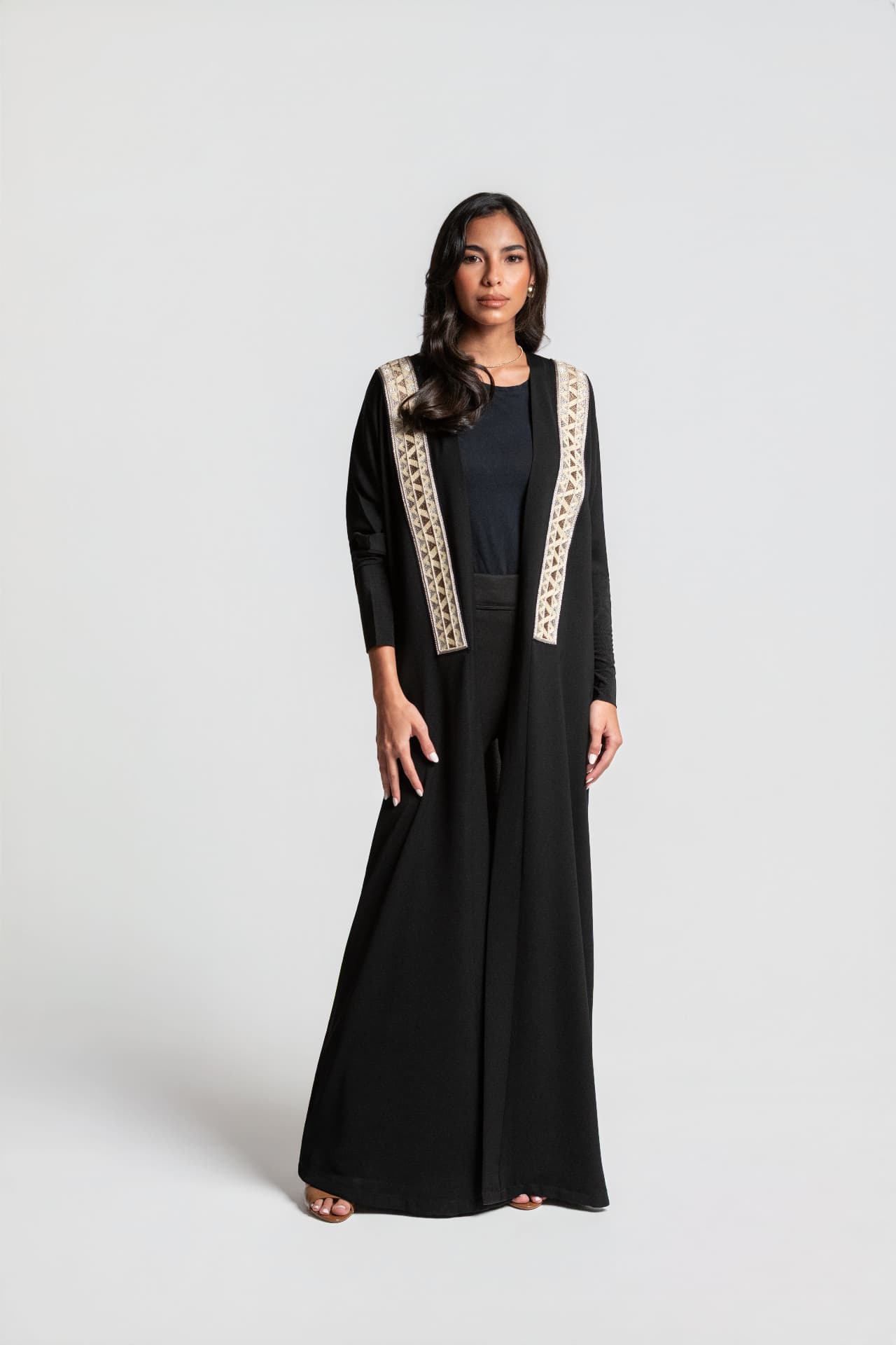 Black abaya with cream geometric embroidered panels, full length
